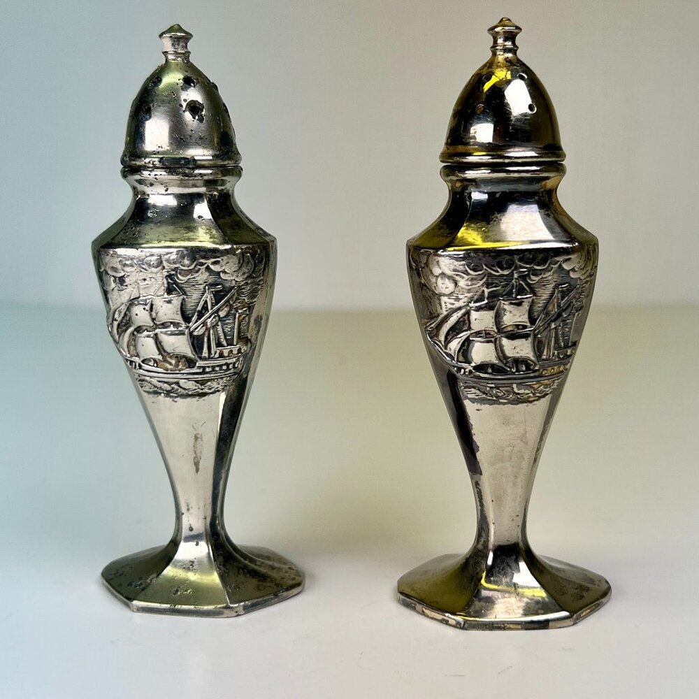 Vintage Sailing Ship Schooner Silver Plate Salt & Pepper Shakers Nautical Sea